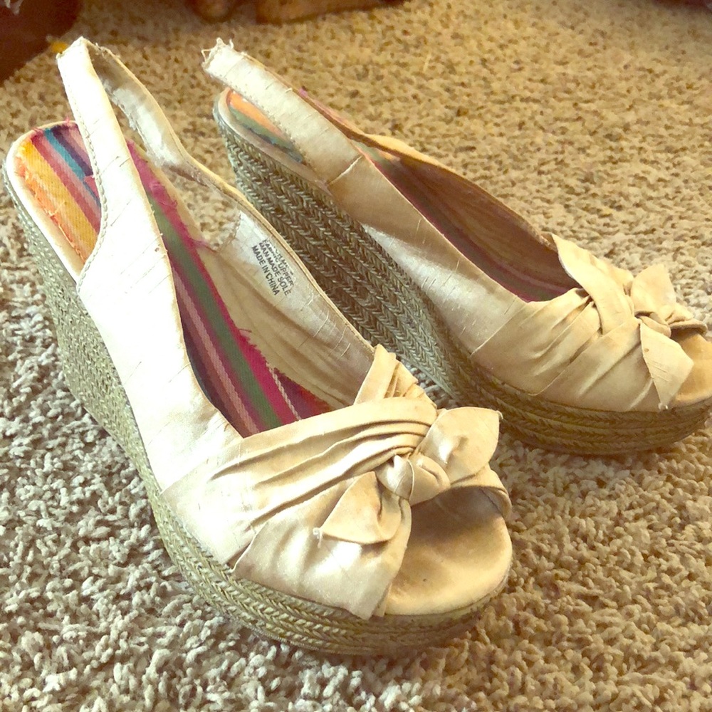 Tan Peep Toe Slingback Wedges